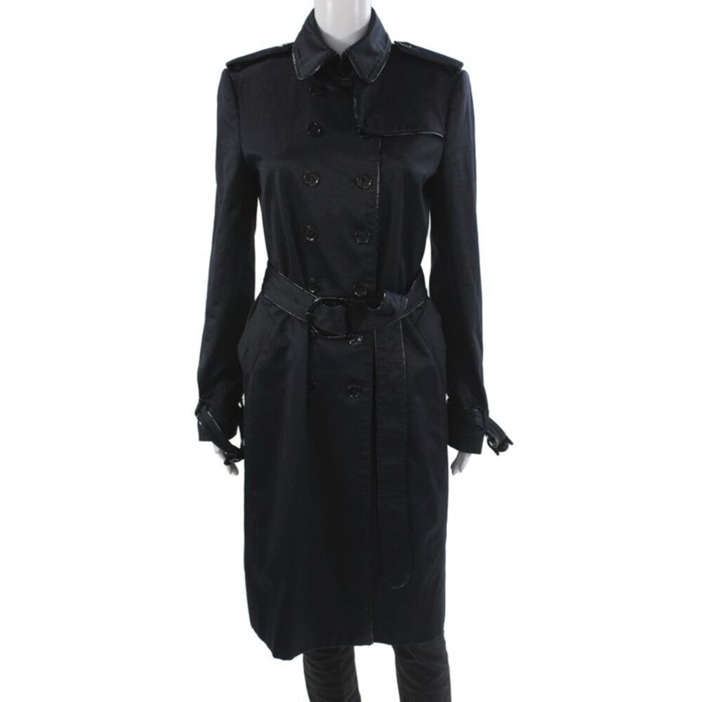 Burberry London Women Trench Coat Black Collared Long Sleeve Lambskin Size 10